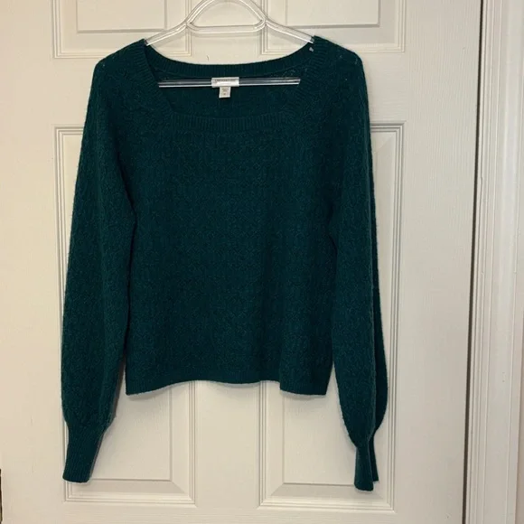 Garnet Hill Cashmere Blouson Sleeve Square Neck Pointelle Teal Sweater - Picture 2 of 11